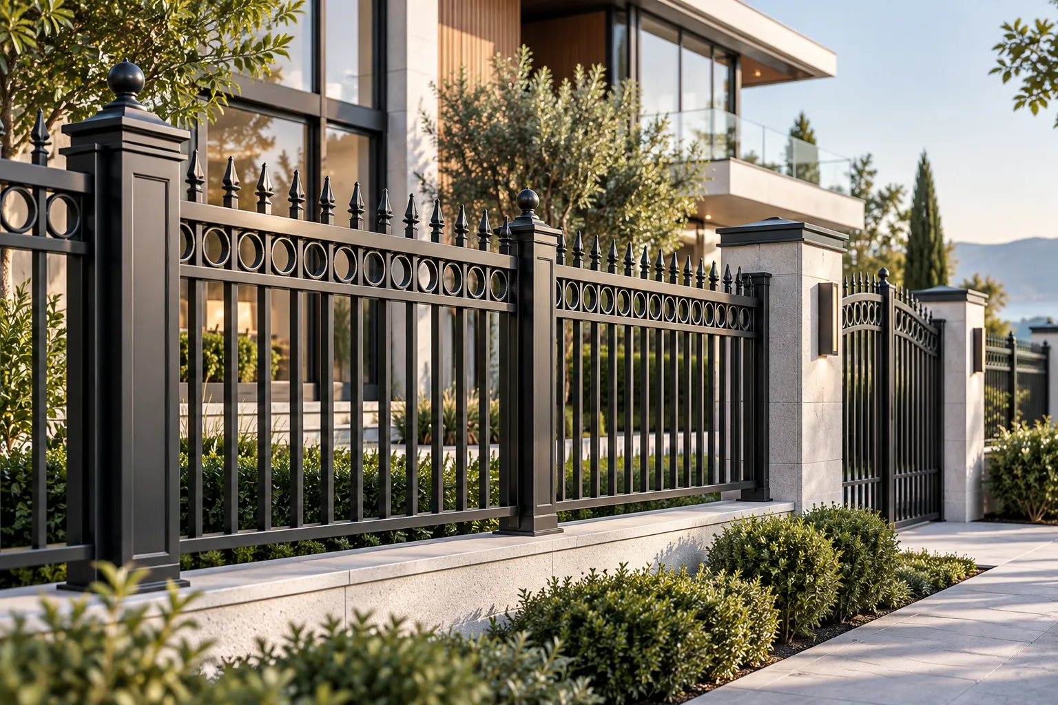 Precision-extruded ornamental aluminum fence panel with weather-resistant architectural powder coating