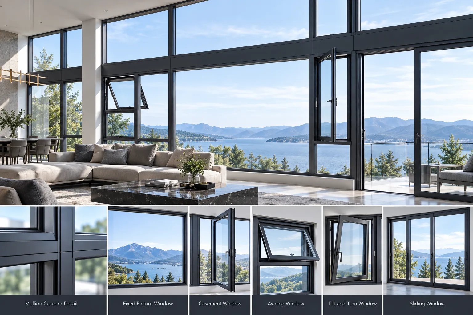 Structural cross section details of custom aluminum picture and fixed windows