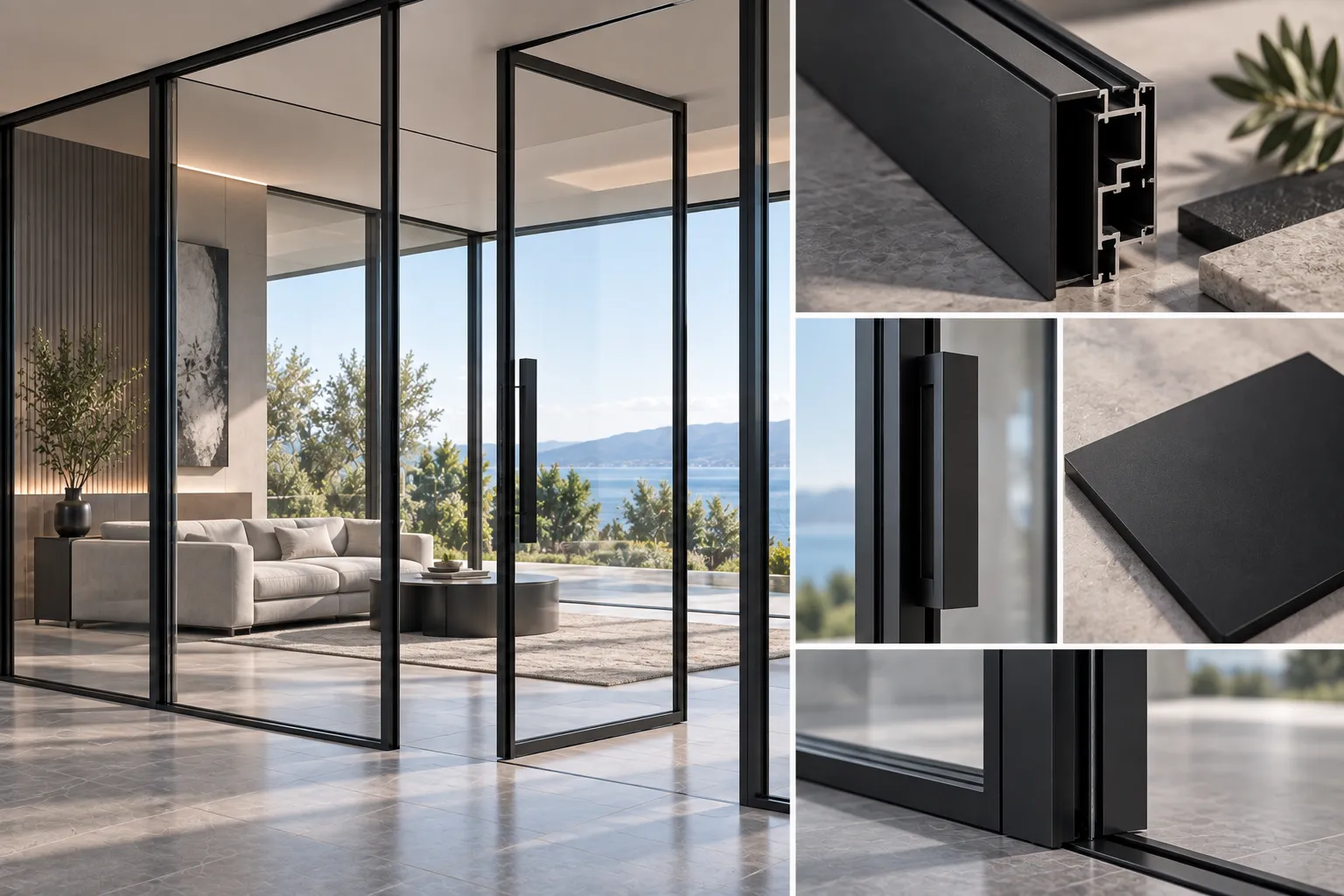 Matte Deep Black architectural aluminum interior door finish