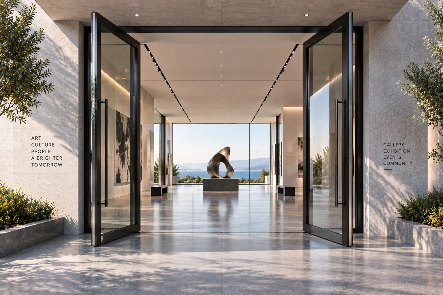 High-traffic art gallery entrance featuring commercial entrance pivot doors