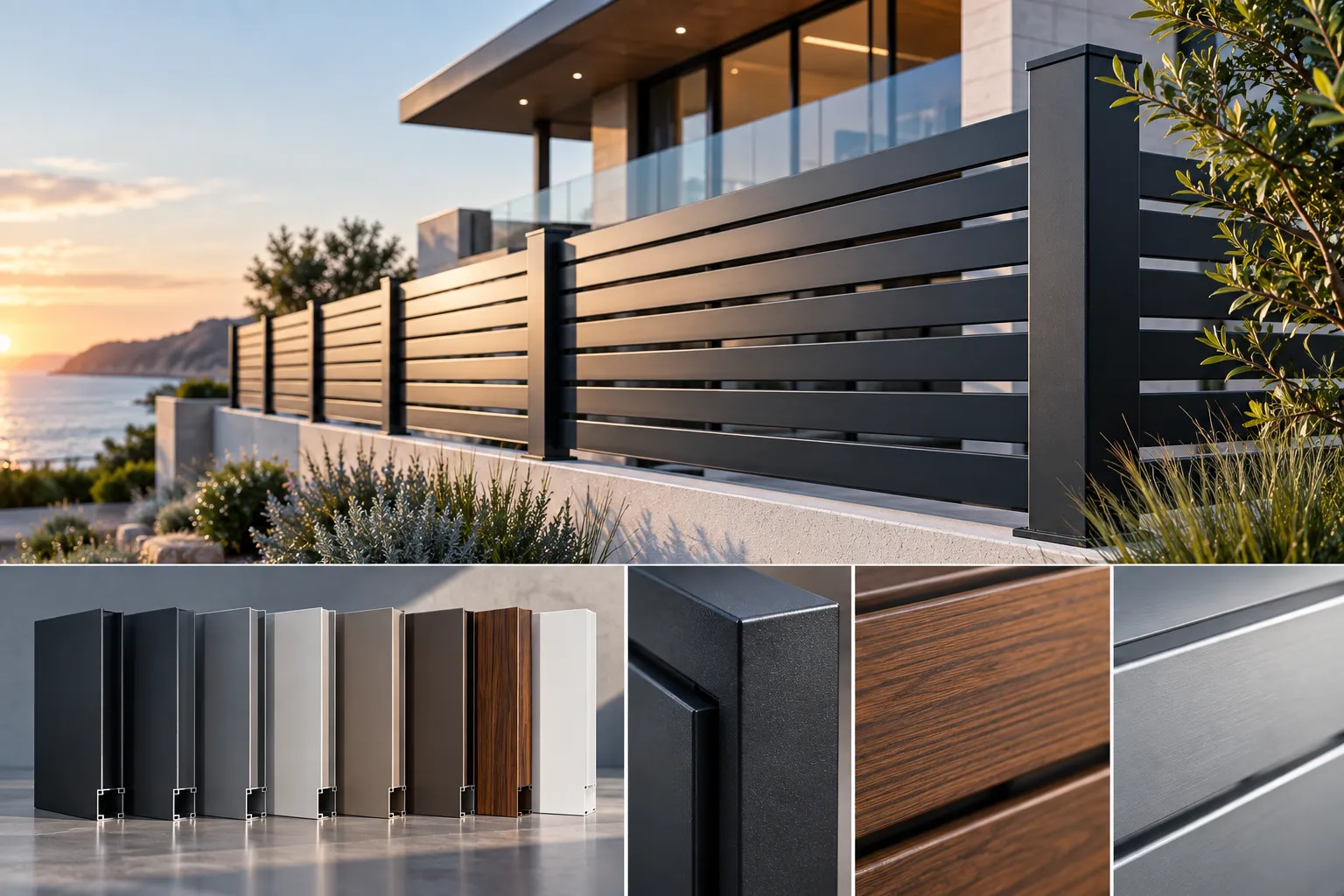Architectural powder coated and woodgrain aluminum fence panel finishes