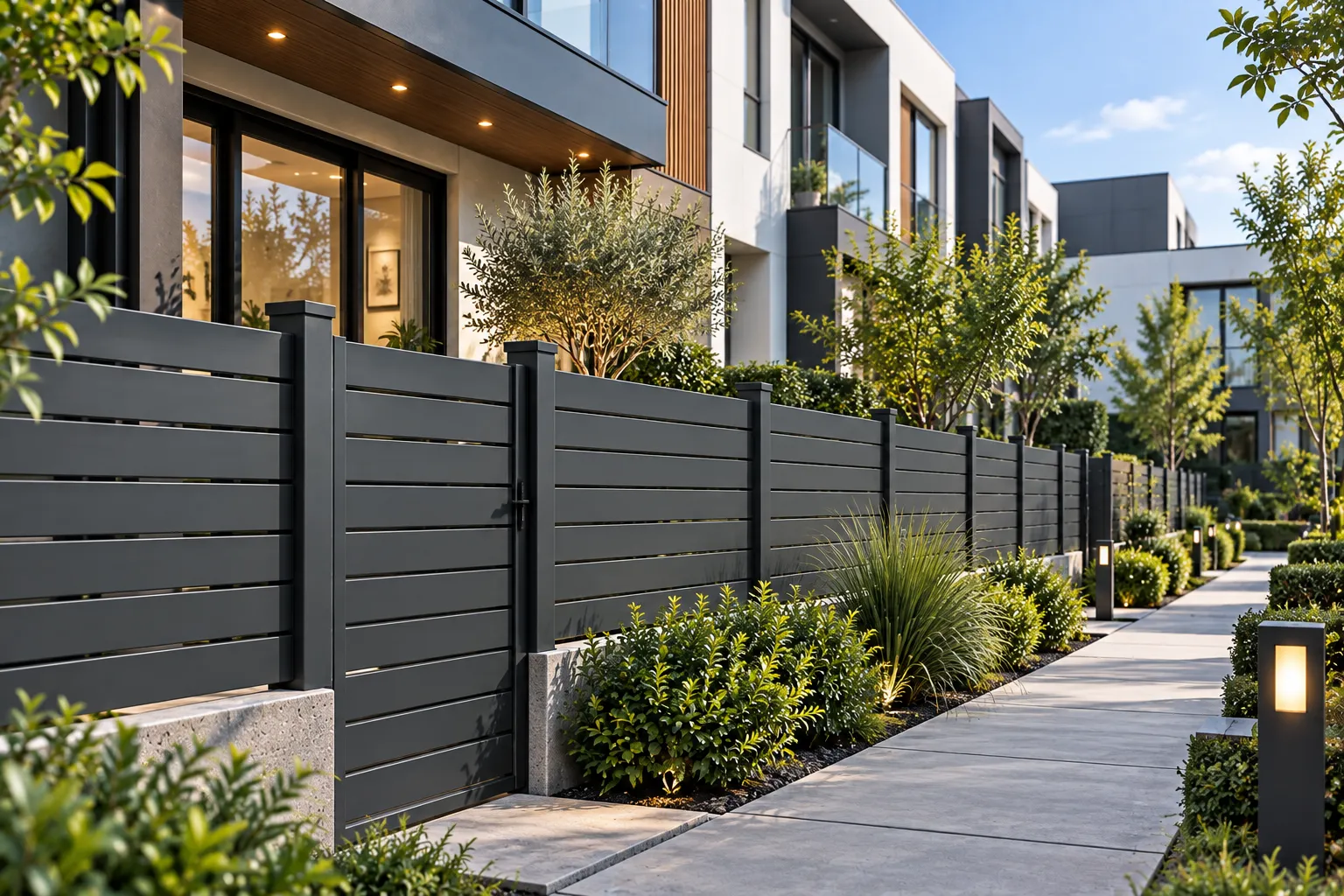 Modular aluminum privacy fencing used as multi-family boundary dividers