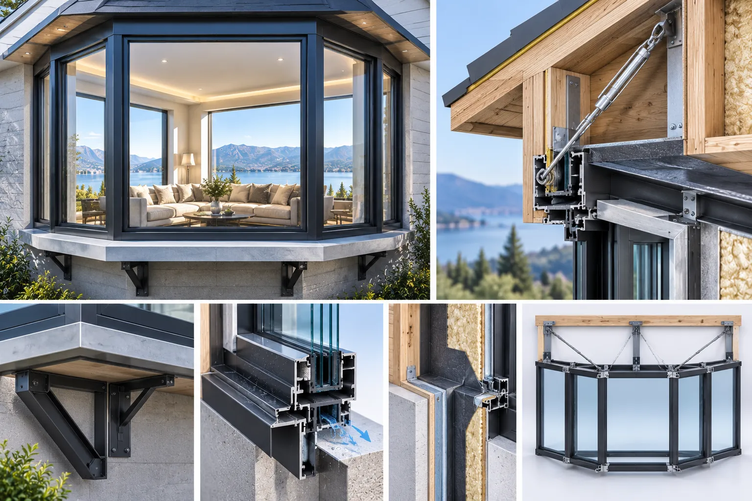 Structural cable support system and flashing detail for architectural aluminum bay and bow windows