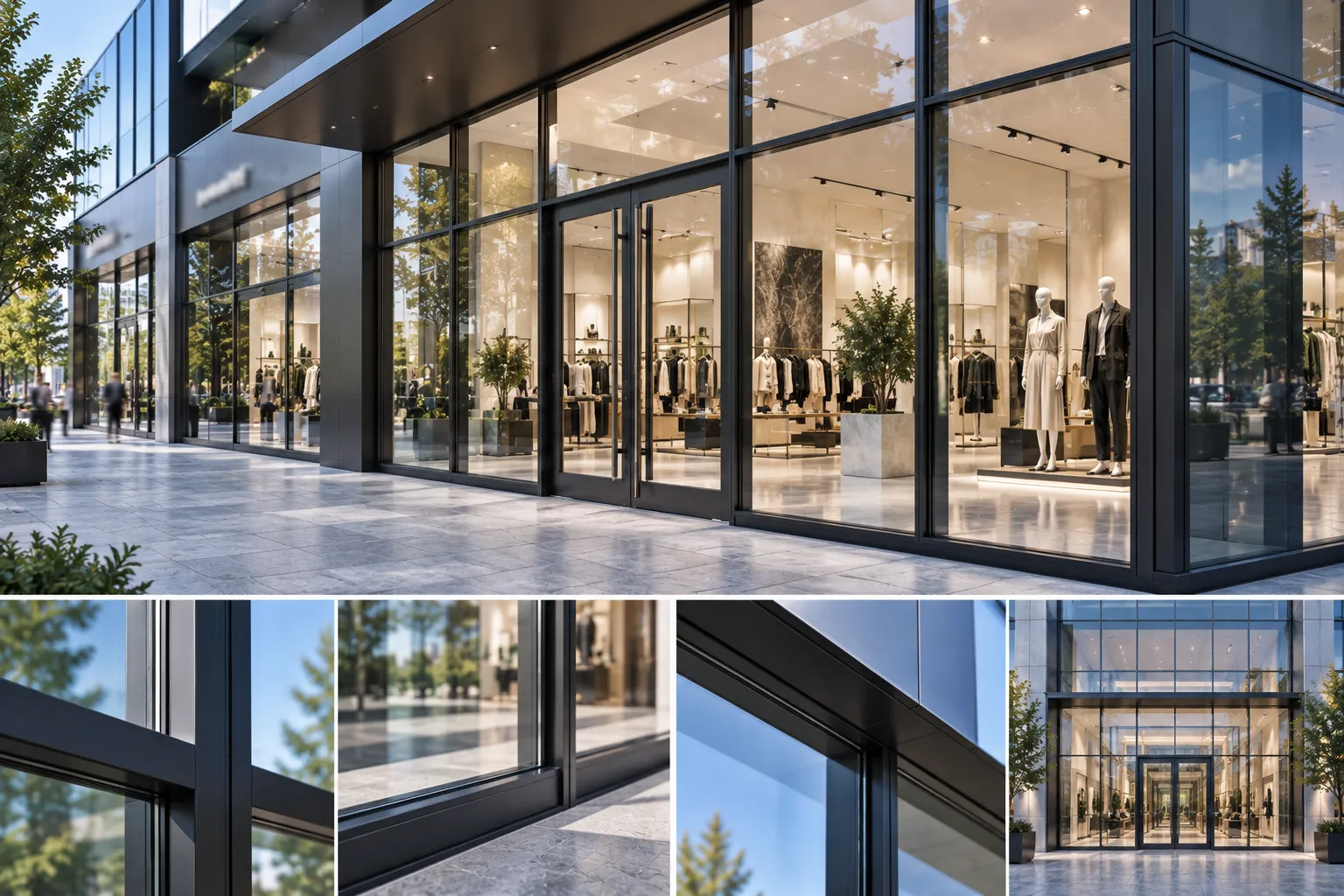 Heavy-duty commercial aluminum storefront fixed glazing system on modern architectural building