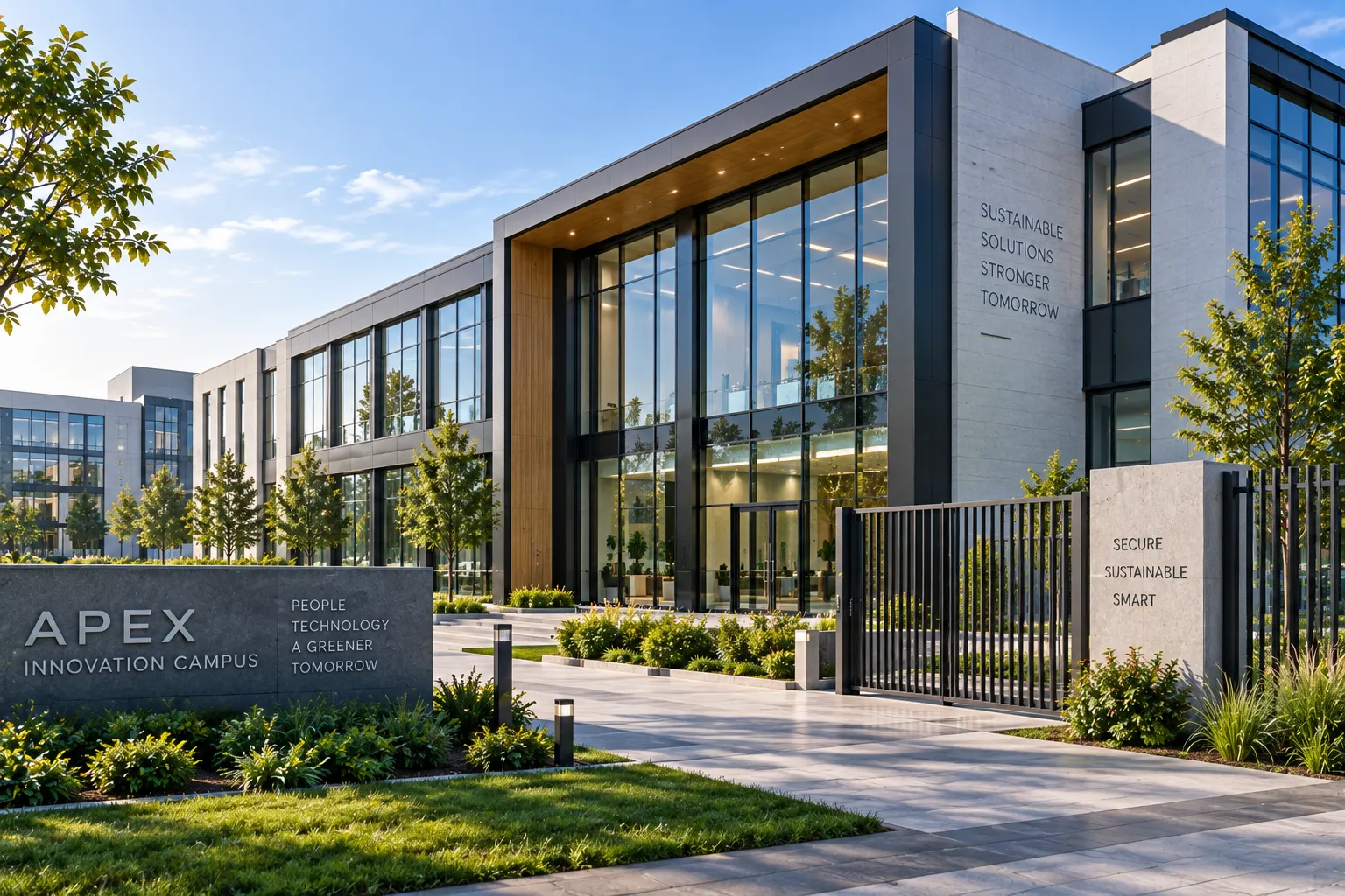 Corporate office park with thermally broken commercial aluminum windows and storefront glazing