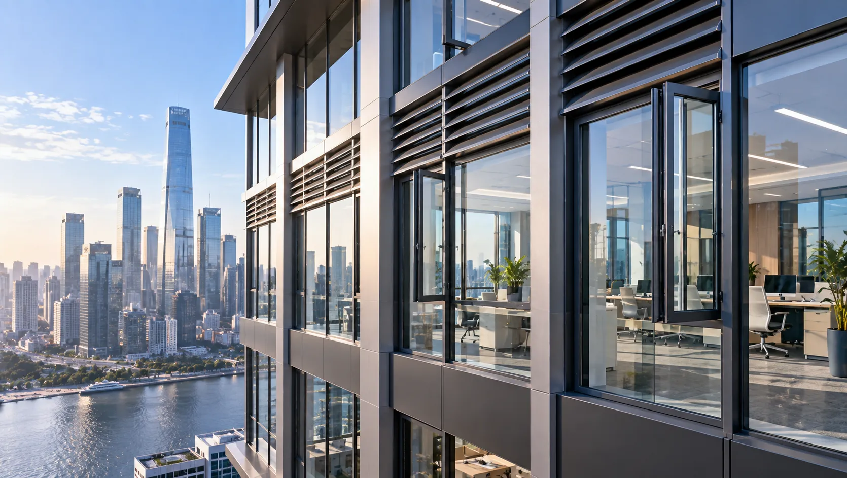 Modern commercial high-rise aluminum curtain wall and casement window installation in Sydney, Australia