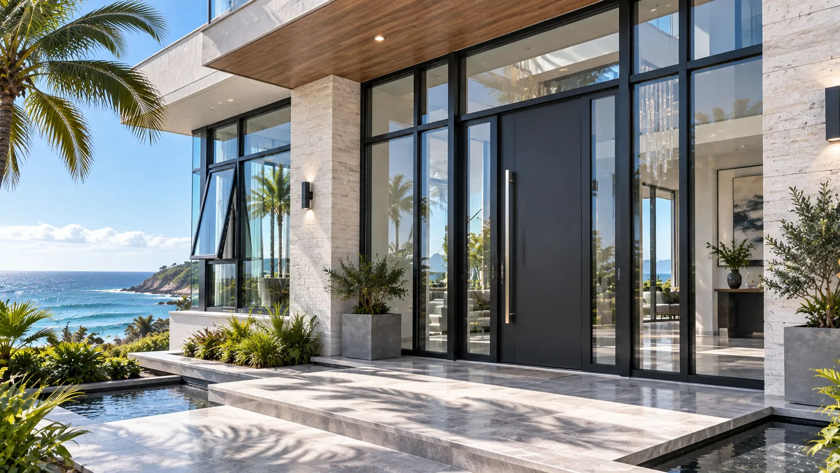 Modern coastal villa featuring custom aluminum entry doors with dual sidelites