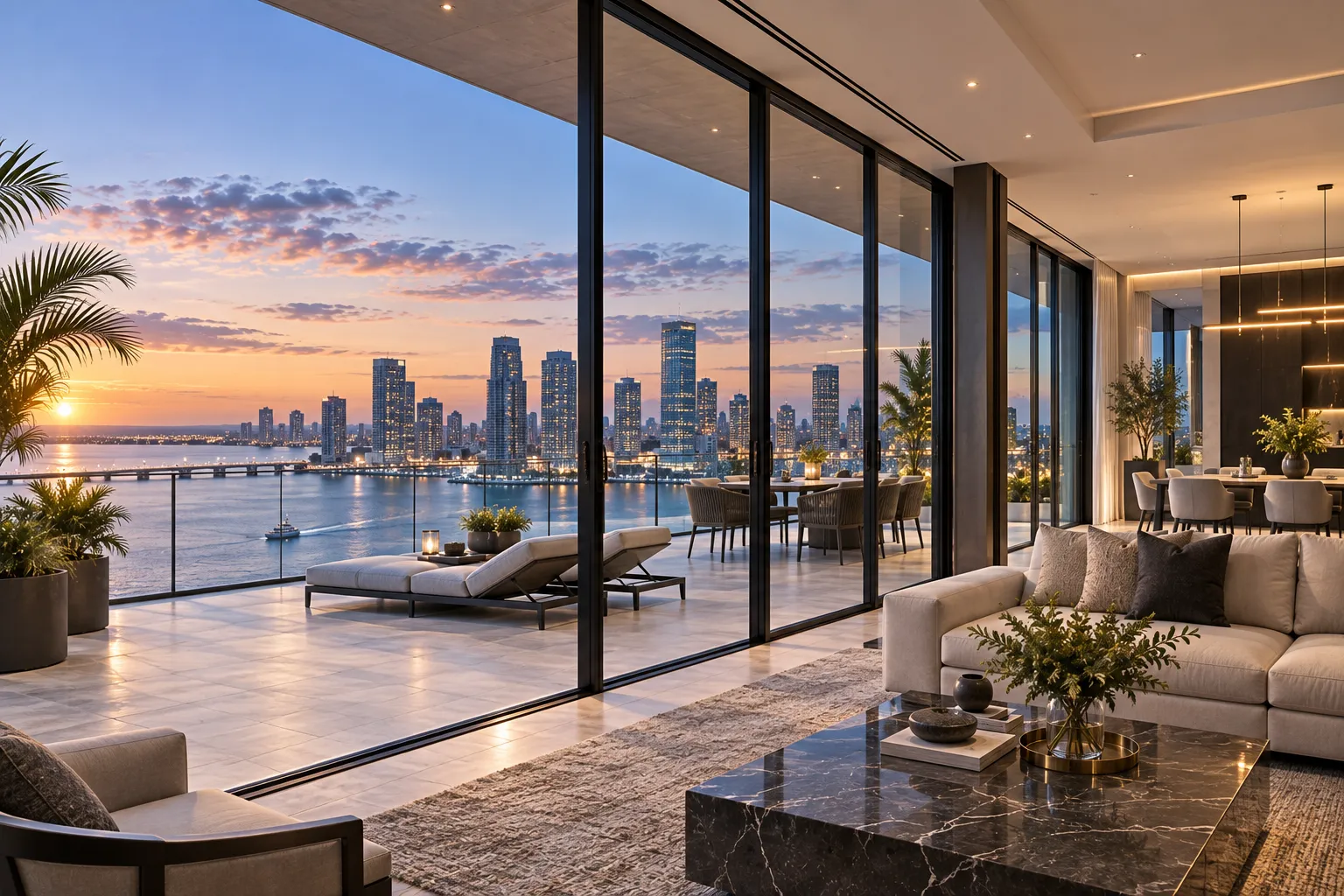 Hurricane rated double hinged patio doors overlooking coastal bay