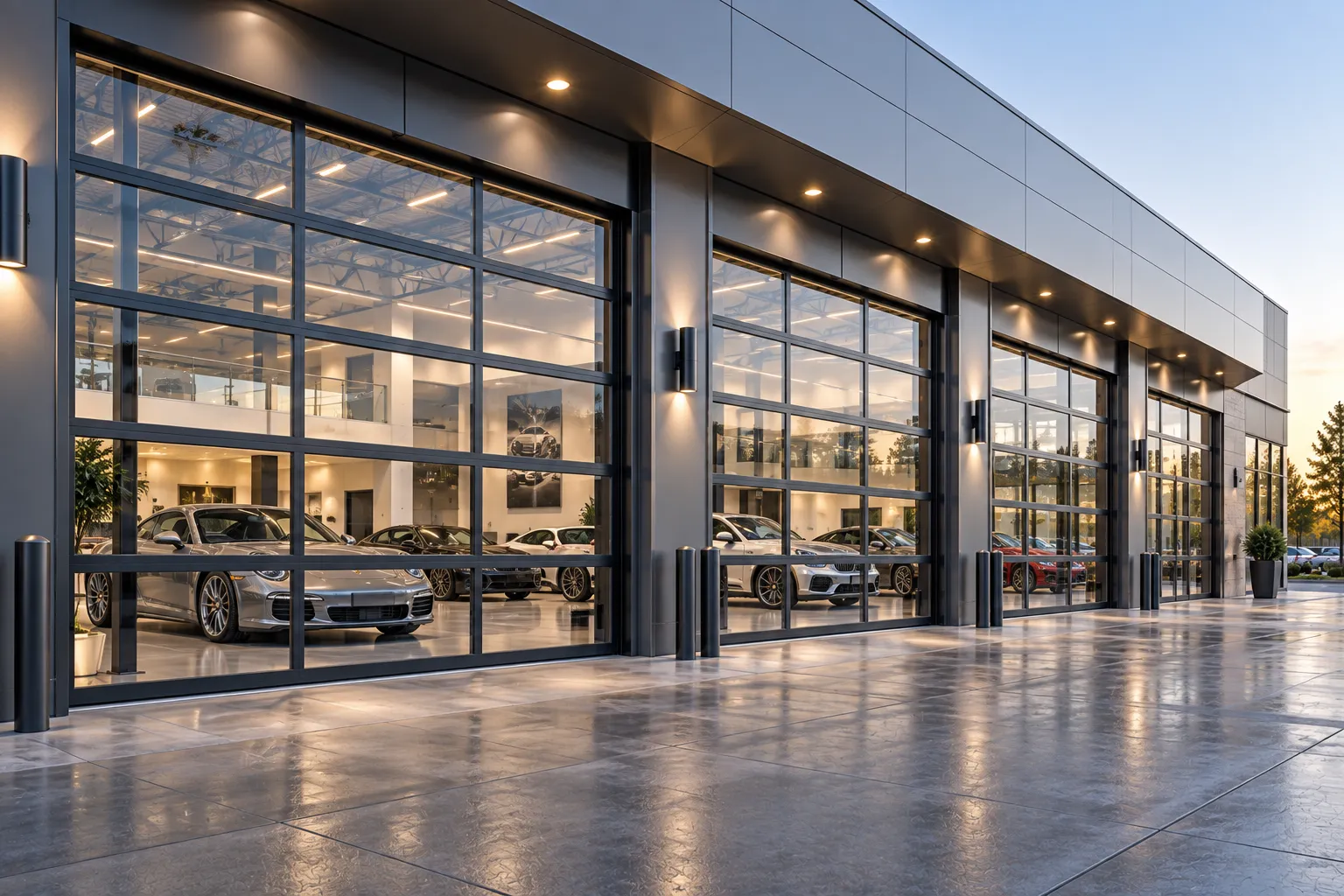 Commercial full-view panoramic glass overhead doors on a luxury automotive showroom and service bay