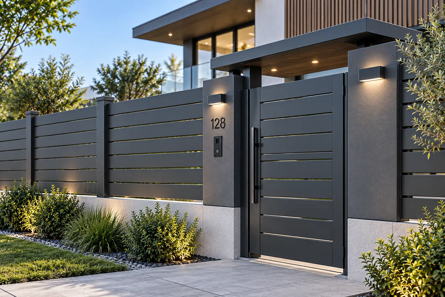 Custom aluminum privacy fence with integrated gate system