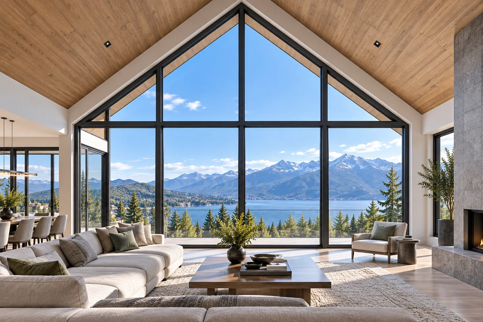 Large-span gable wall glazing and cathedral ceiling windows in luxury estate