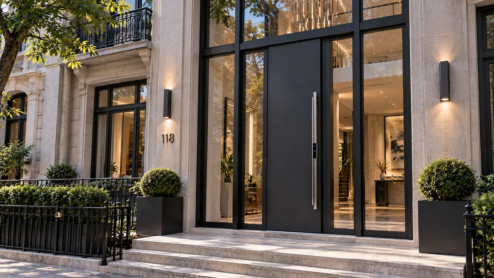 Luxury residential doors with coplanar flush aluminum panel and biometric access