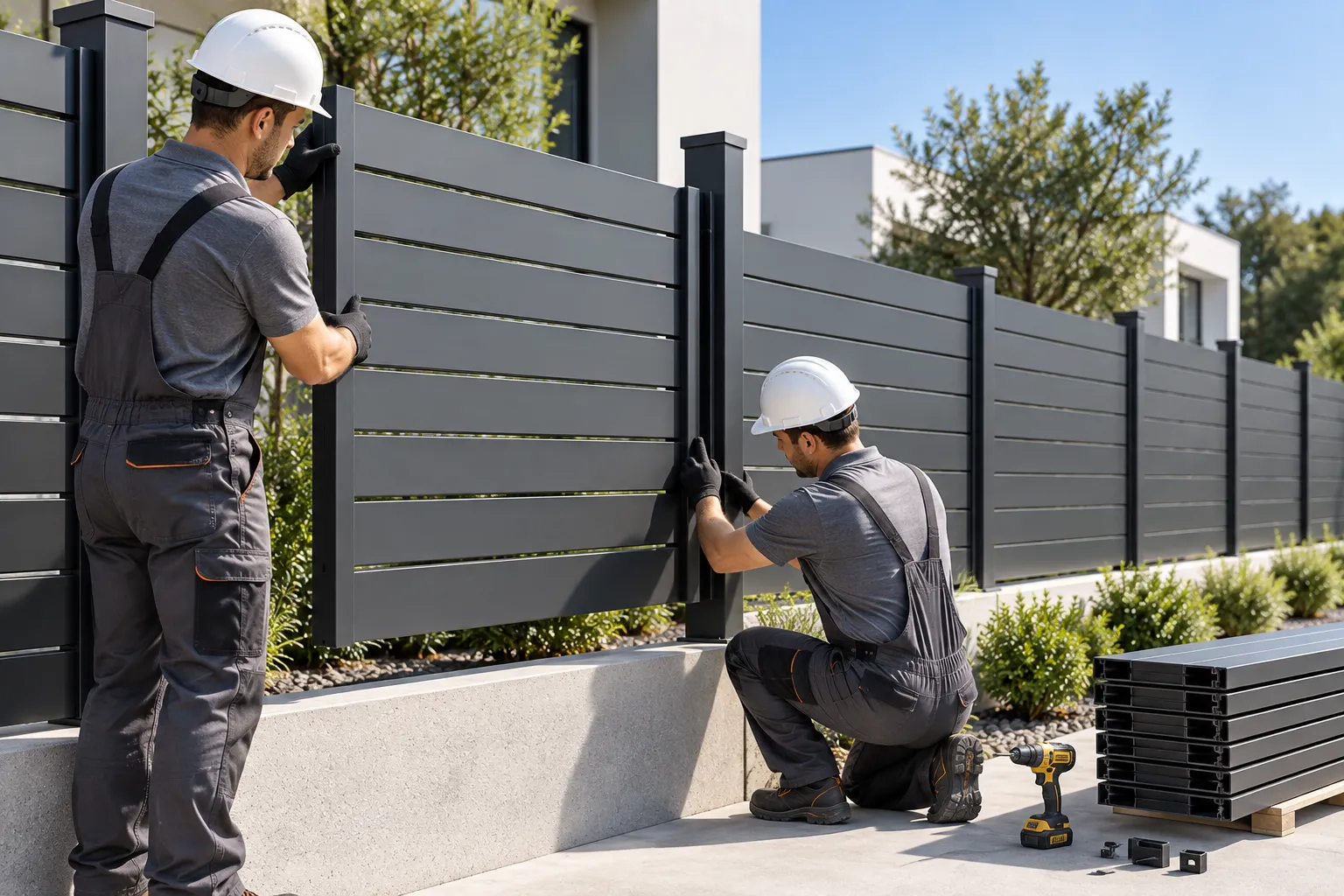 Modular aluminum privacy fence installation process showing interlocking slat system