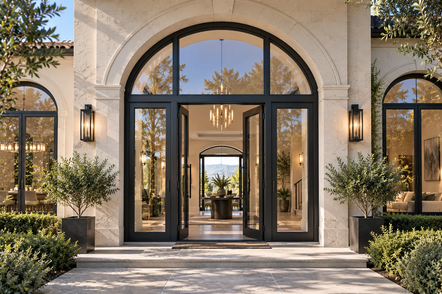 Arched transoms and custom architectural entry surround facade windows