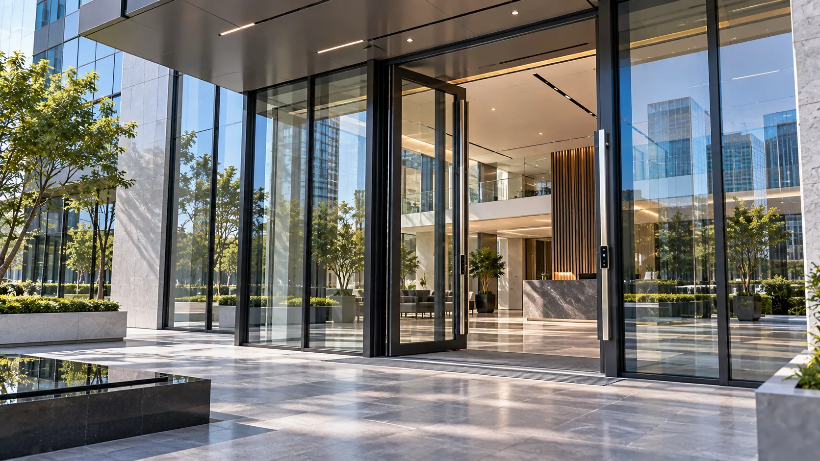 Commercial aluminum storefront doors with heavy-traffic pivot hardware and automated access