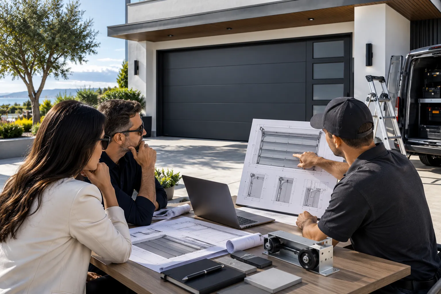 Orient Juko Metal Art architectural aluminum and full-view glass garage door installed on a luxury modern residence