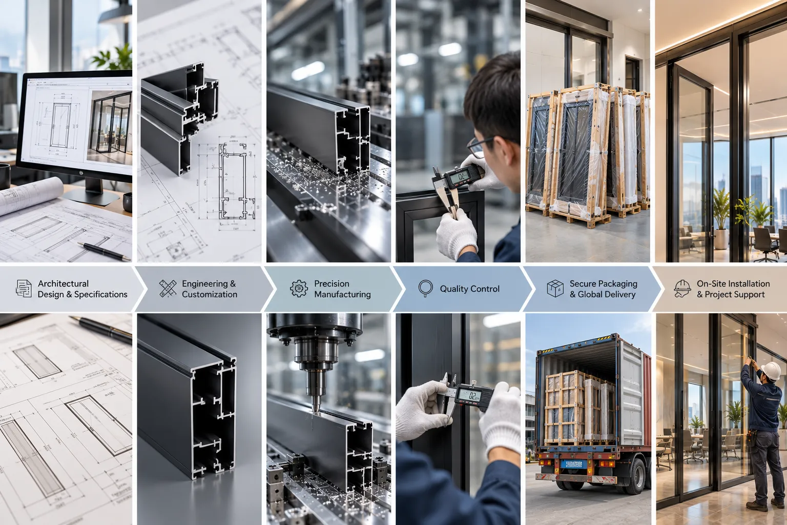 Precision custom interior door manufacturing workflow showing CNC machining, factory dry-fit quality control, and export packaging