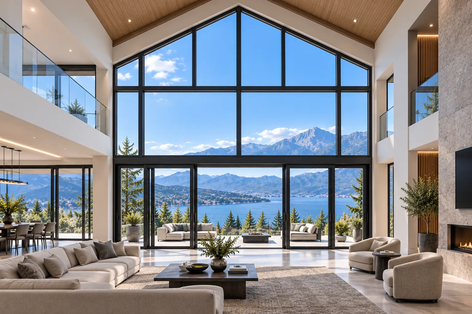 Double-height great room geometric view walls and gable end window systems