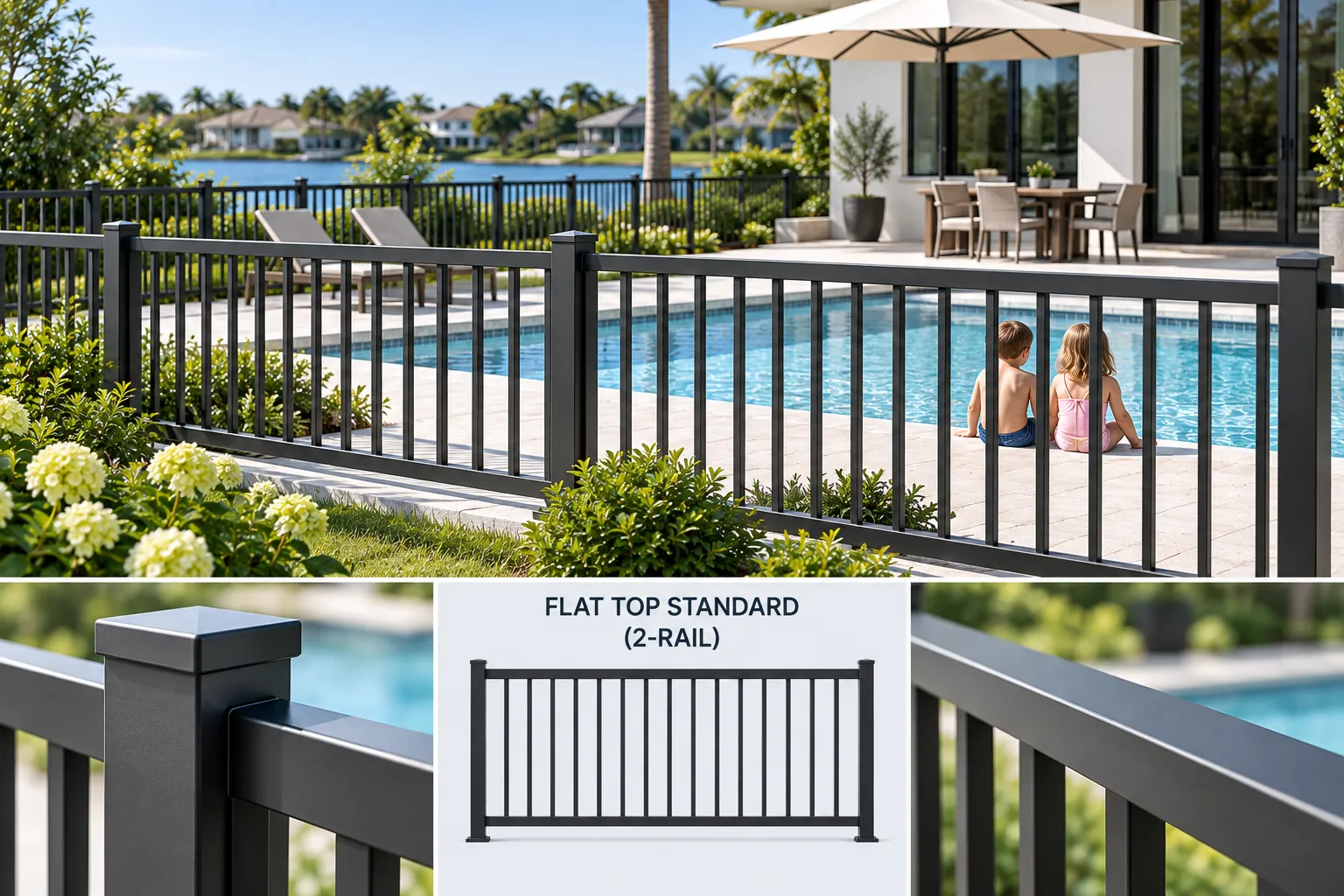 Flat top 2-rail aluminum pool fence panel