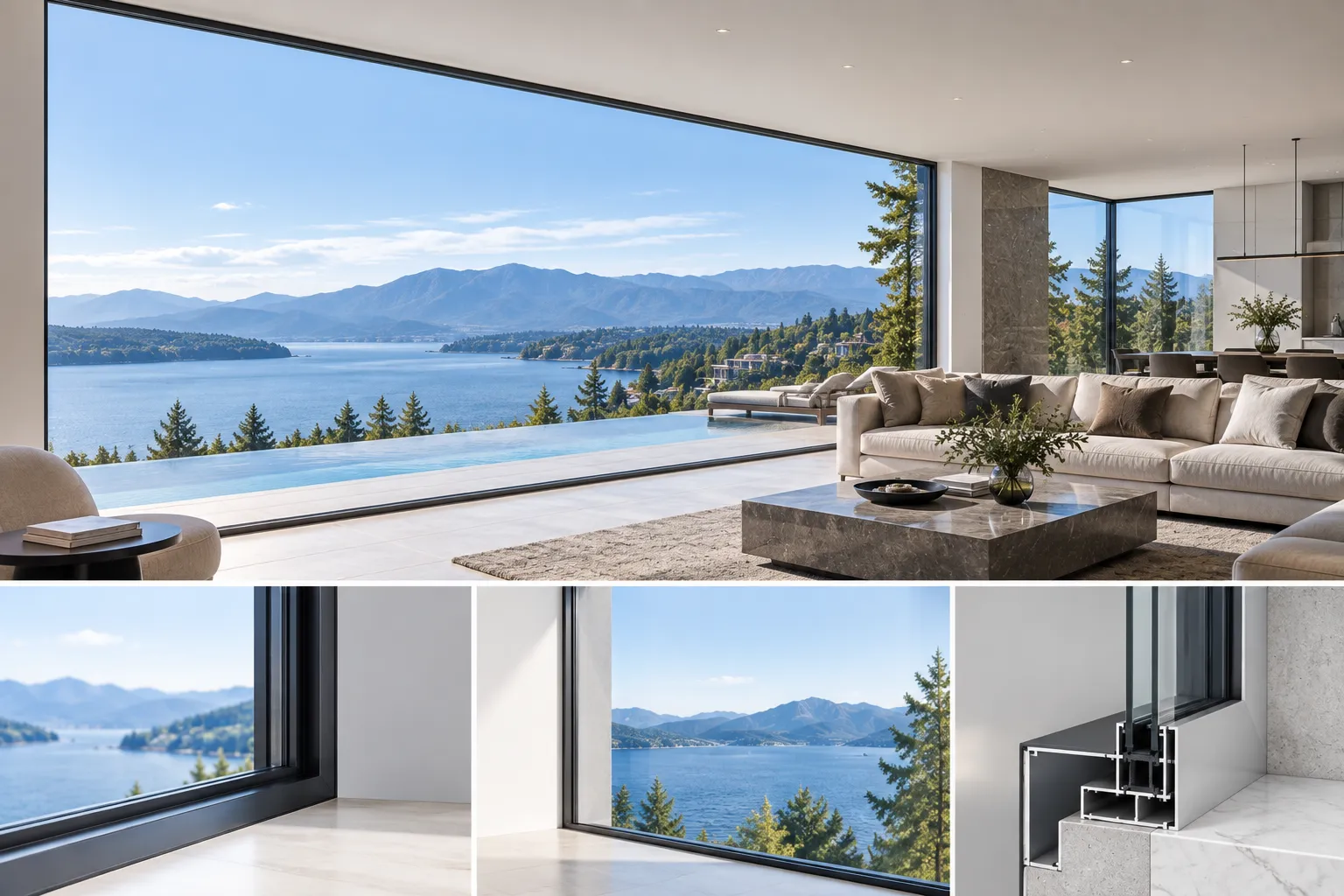 Slim frame picture window cross section and minimalist framing detail