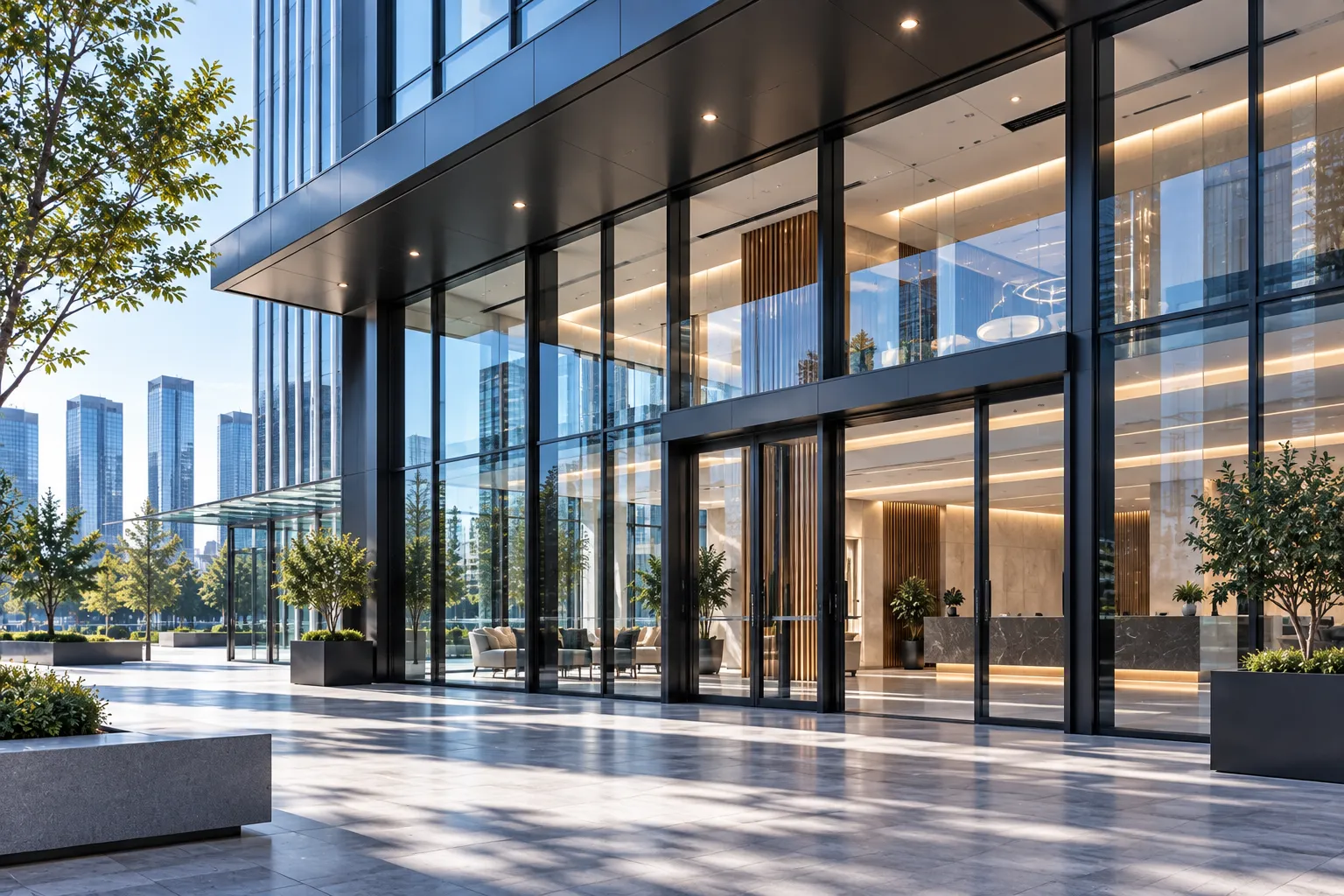Commercial building aluminum storefronts, high-traffic doors, and security perimeter fencing