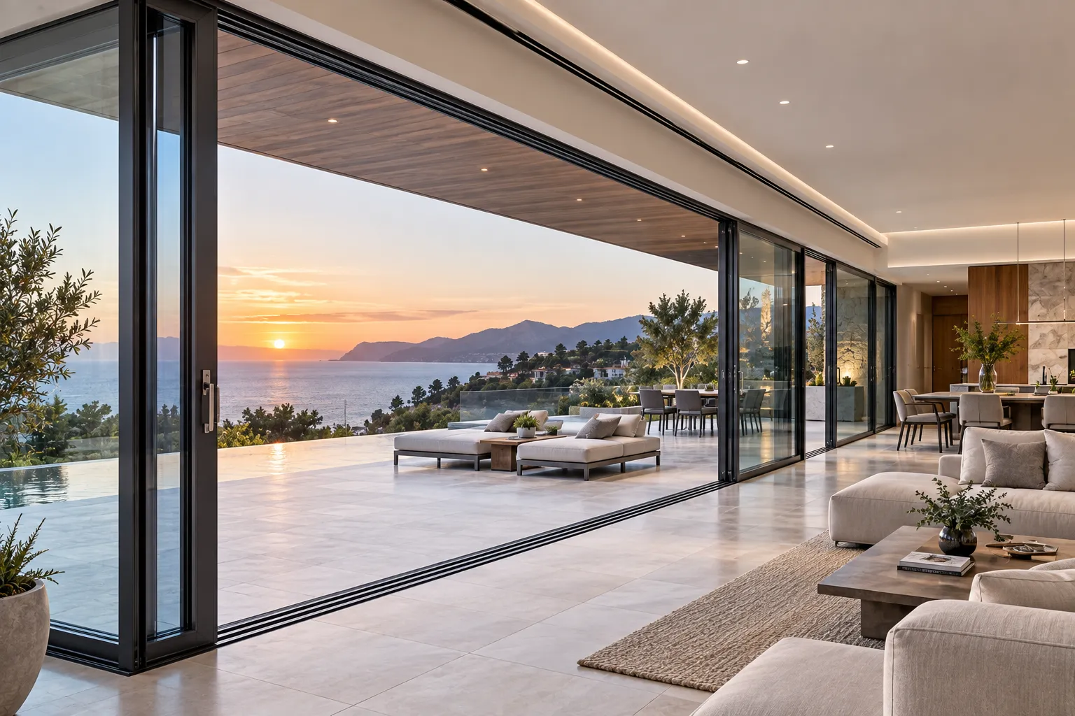 Large span aluminum lift and slide and bi-fold doors for indoor outdoor living