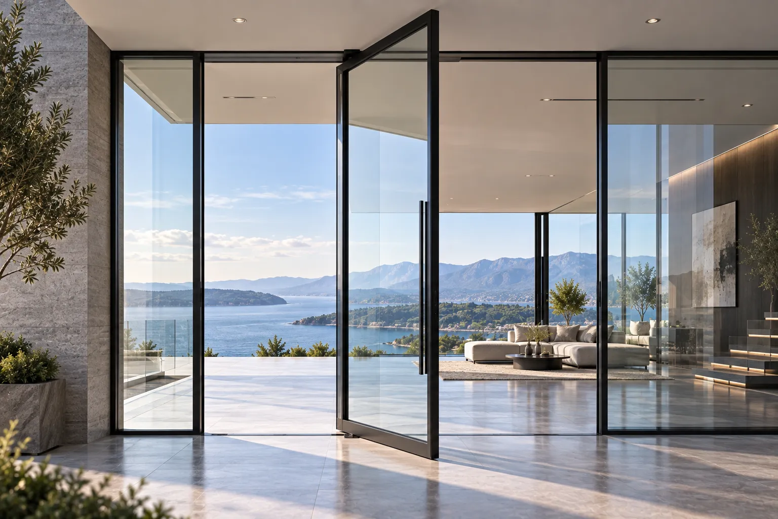 Panoramic full glass architectural pivot door