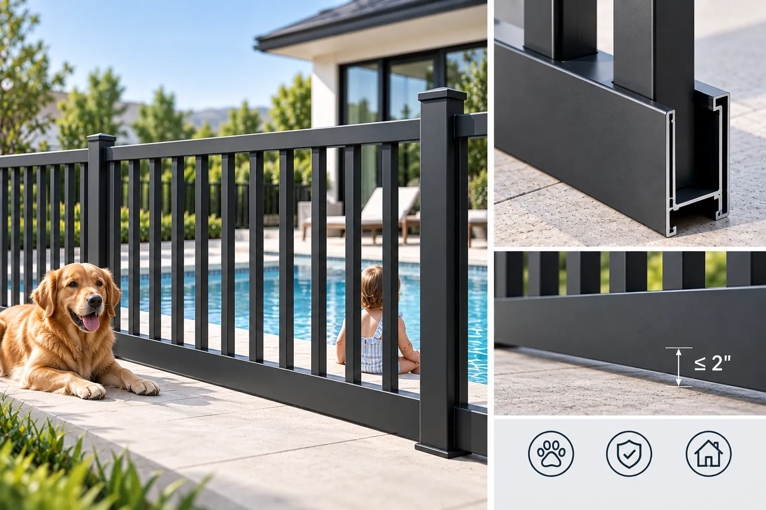 Flush bottom aluminum pool fence for concrete decks