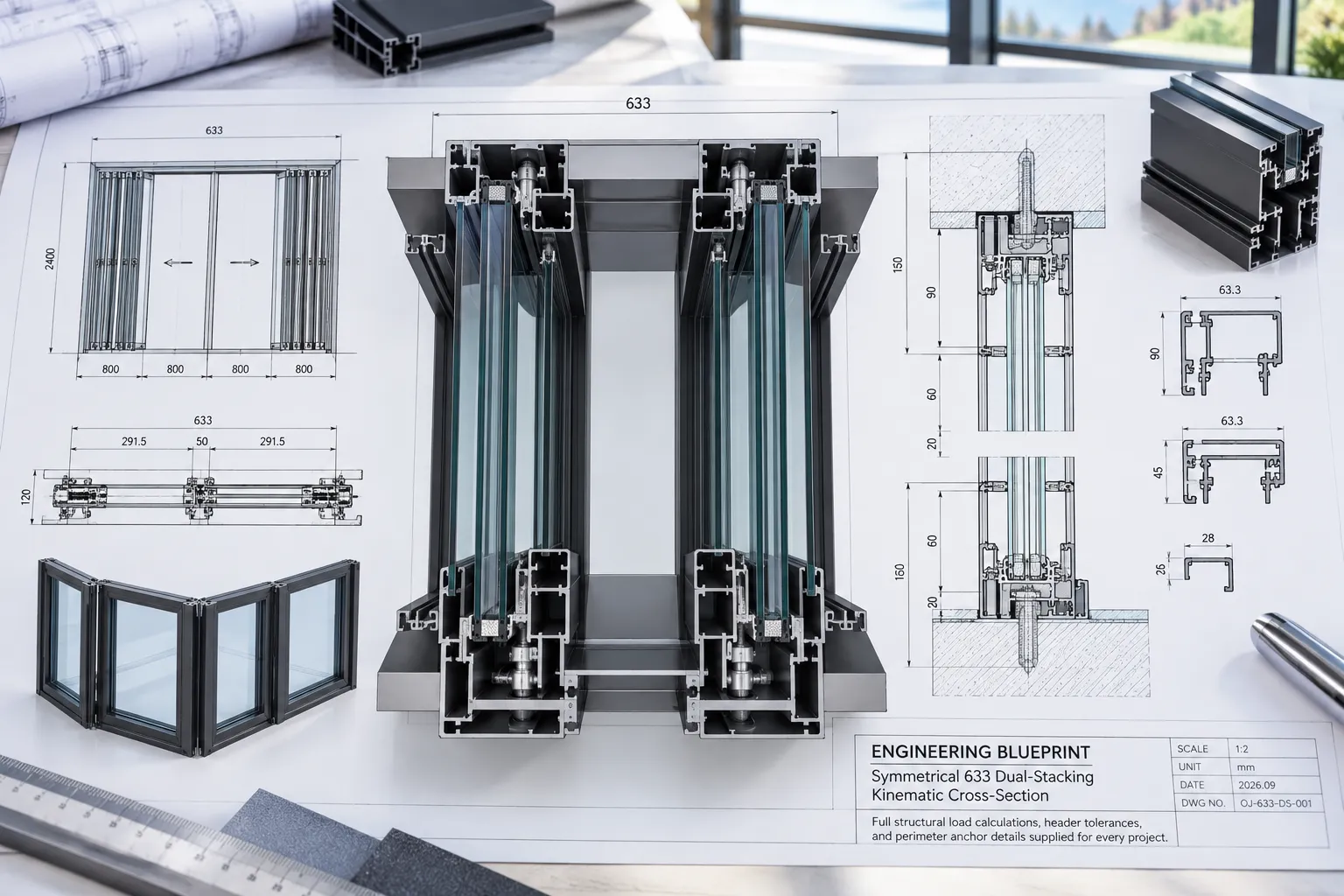 Technical schematic of multi-panel bi fold window stacking configurations