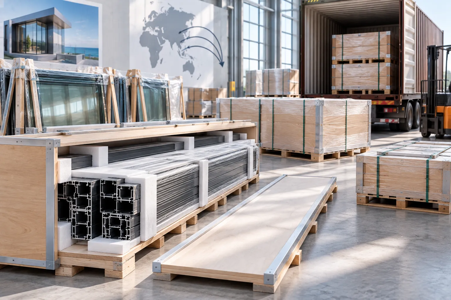 Reinforced export packaging and container crating for aluminum windows and doors