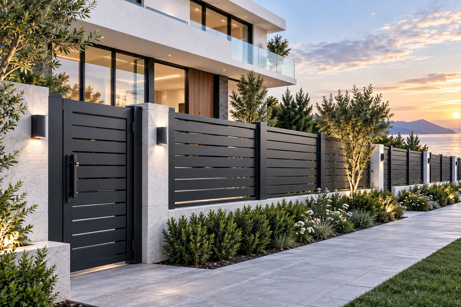 Modern aluminum perimeter privacy fence panels and motorized driveway gates