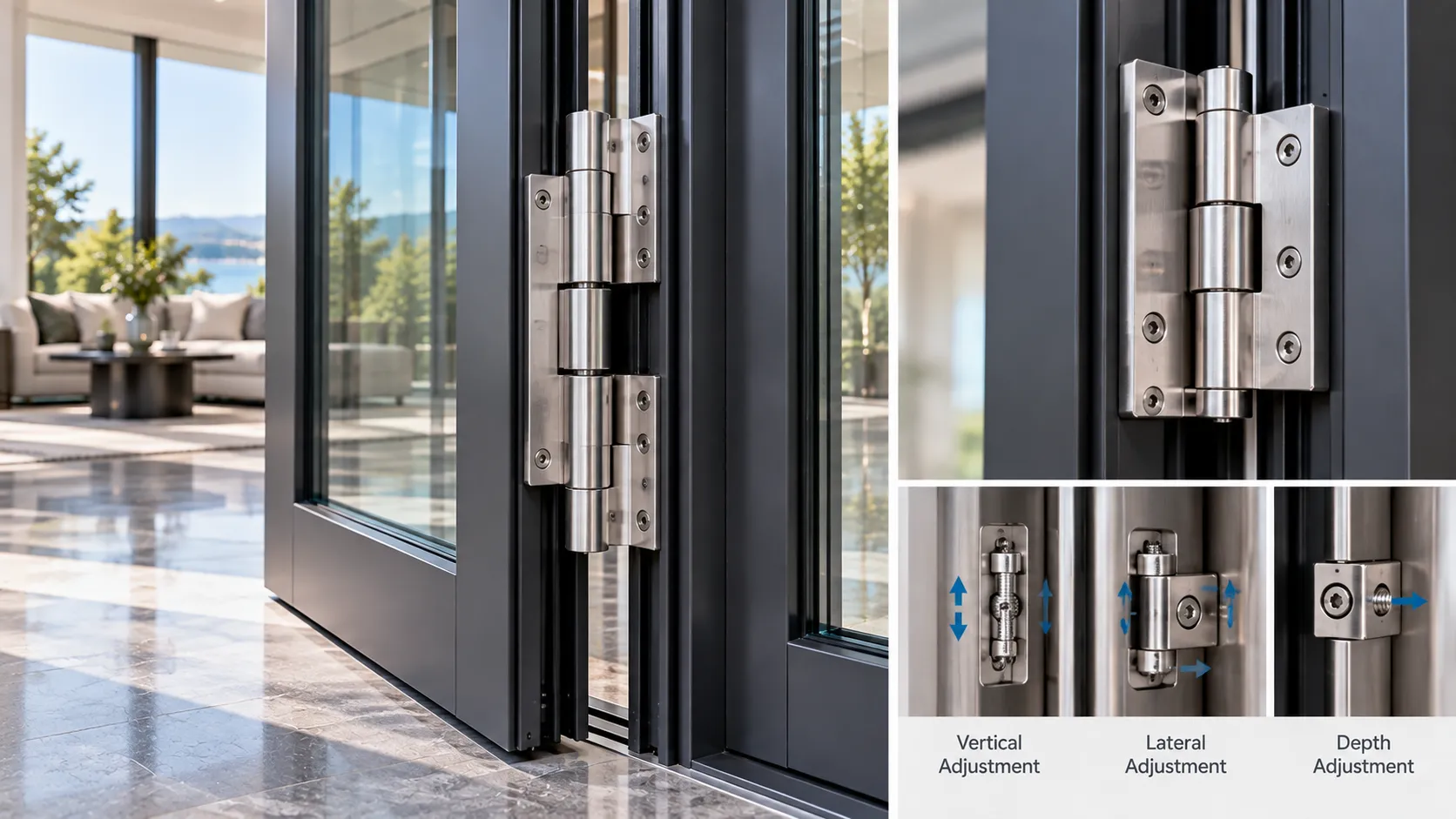 3D adjustable heavy duty French door hinges on aluminum frame