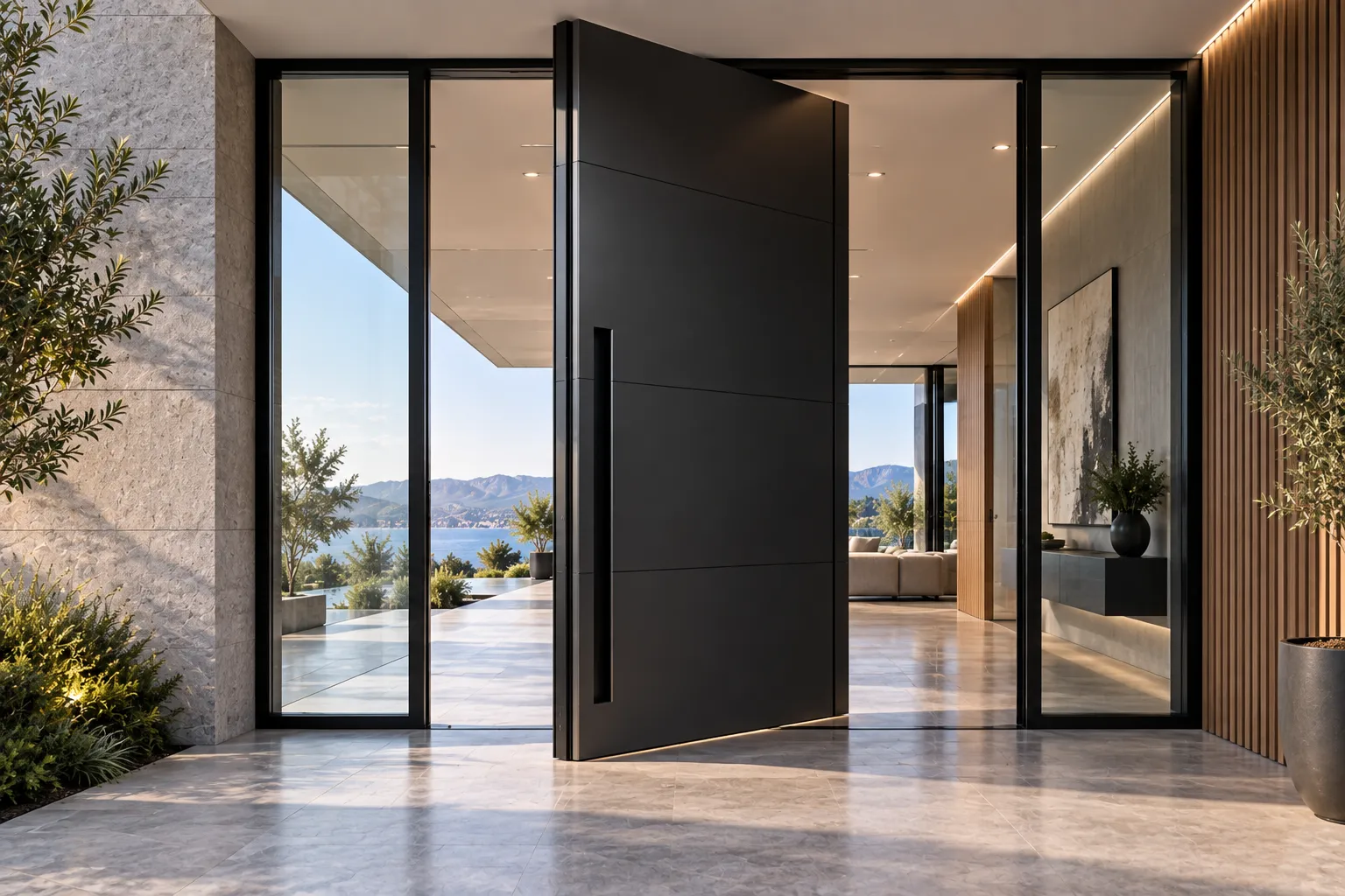 Solid aluminum architectural pivot entrance door