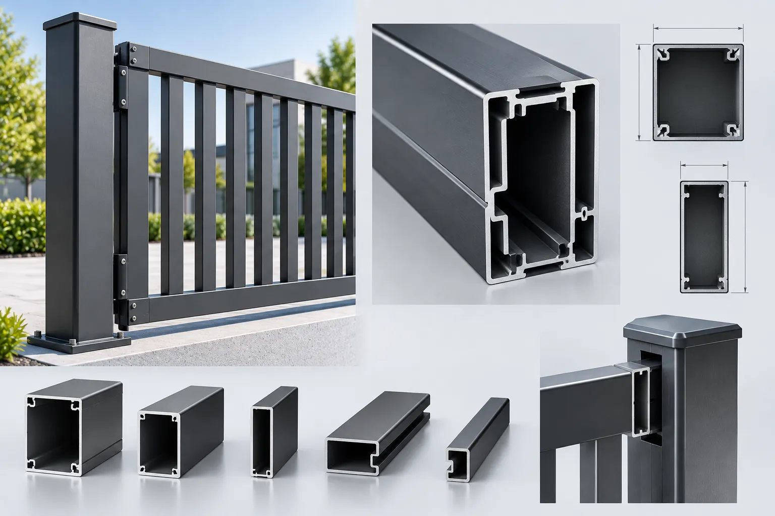 Technical CAD cross-section diagram of heavy-duty aluminum fence panel profiles and internal structural ribs