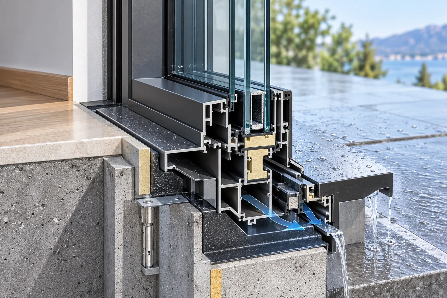 Weather rated high sill threshold schematic cross section