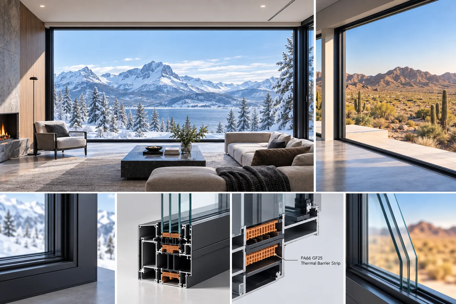 Thermal break aluminum picture windows cross section and insulated barrier structure