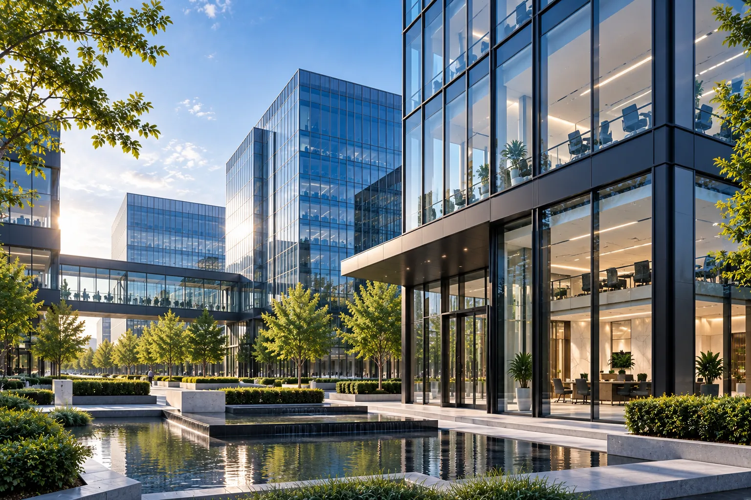 Modern corporate office facade with integrated energy-efficient ribbon glazing and tilt-turn vents