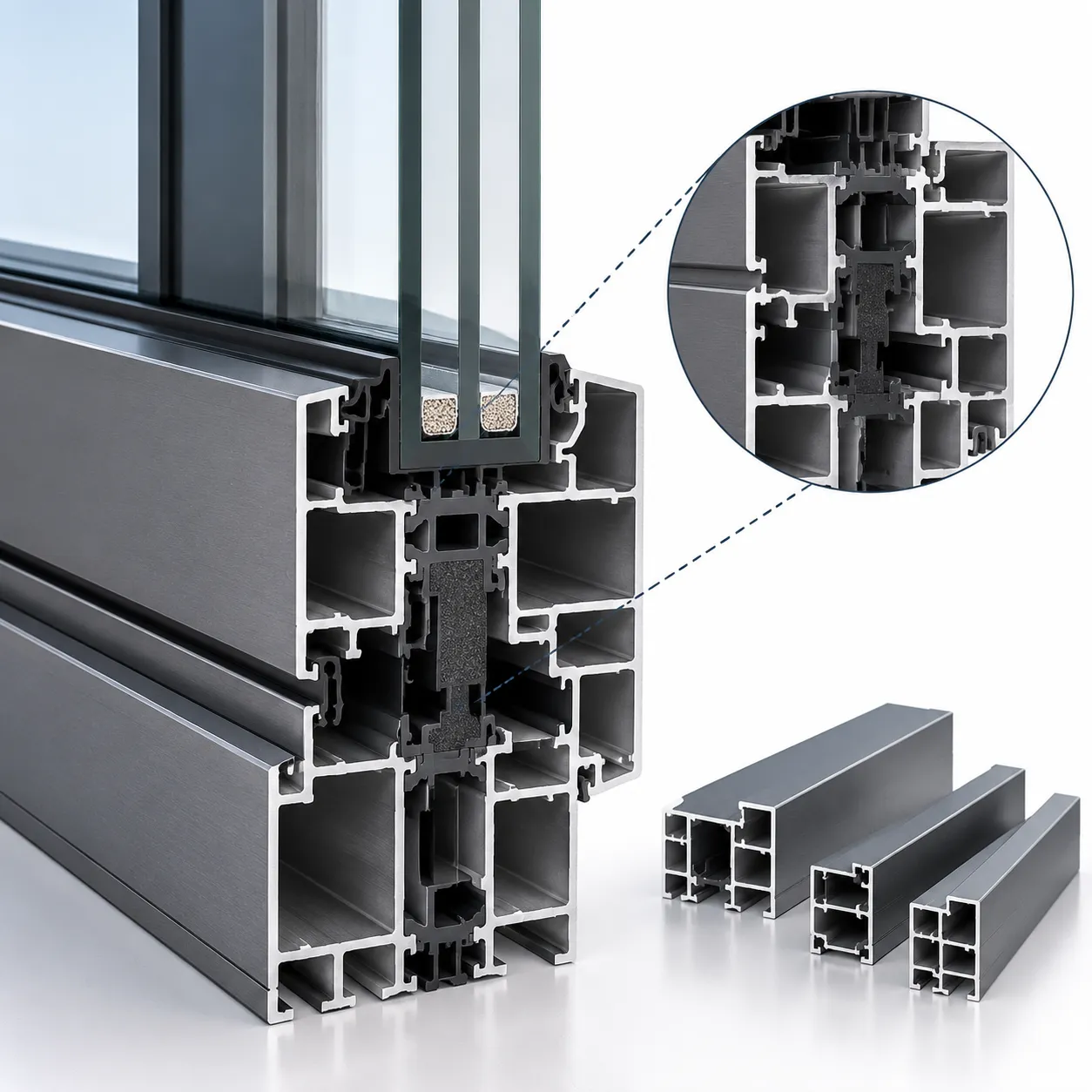 Engineered thermal break aluminum door frame cross-section with multi-chamber polyamide thermal barrier