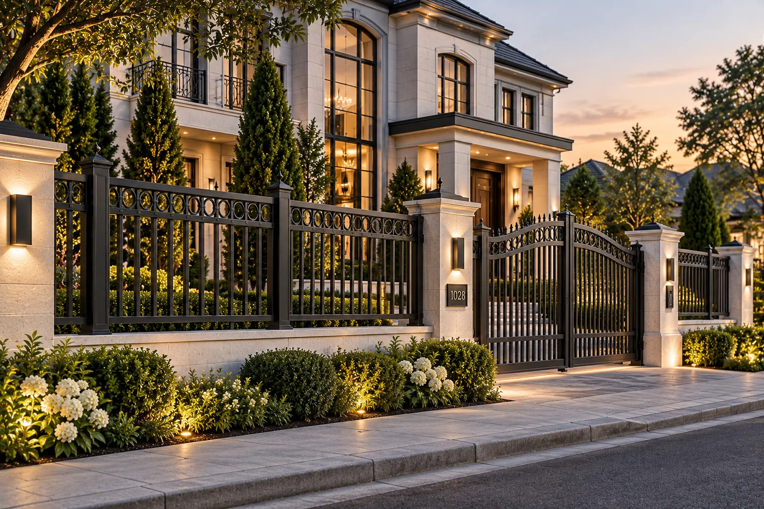 Residential decorative fence installation along estate entrance