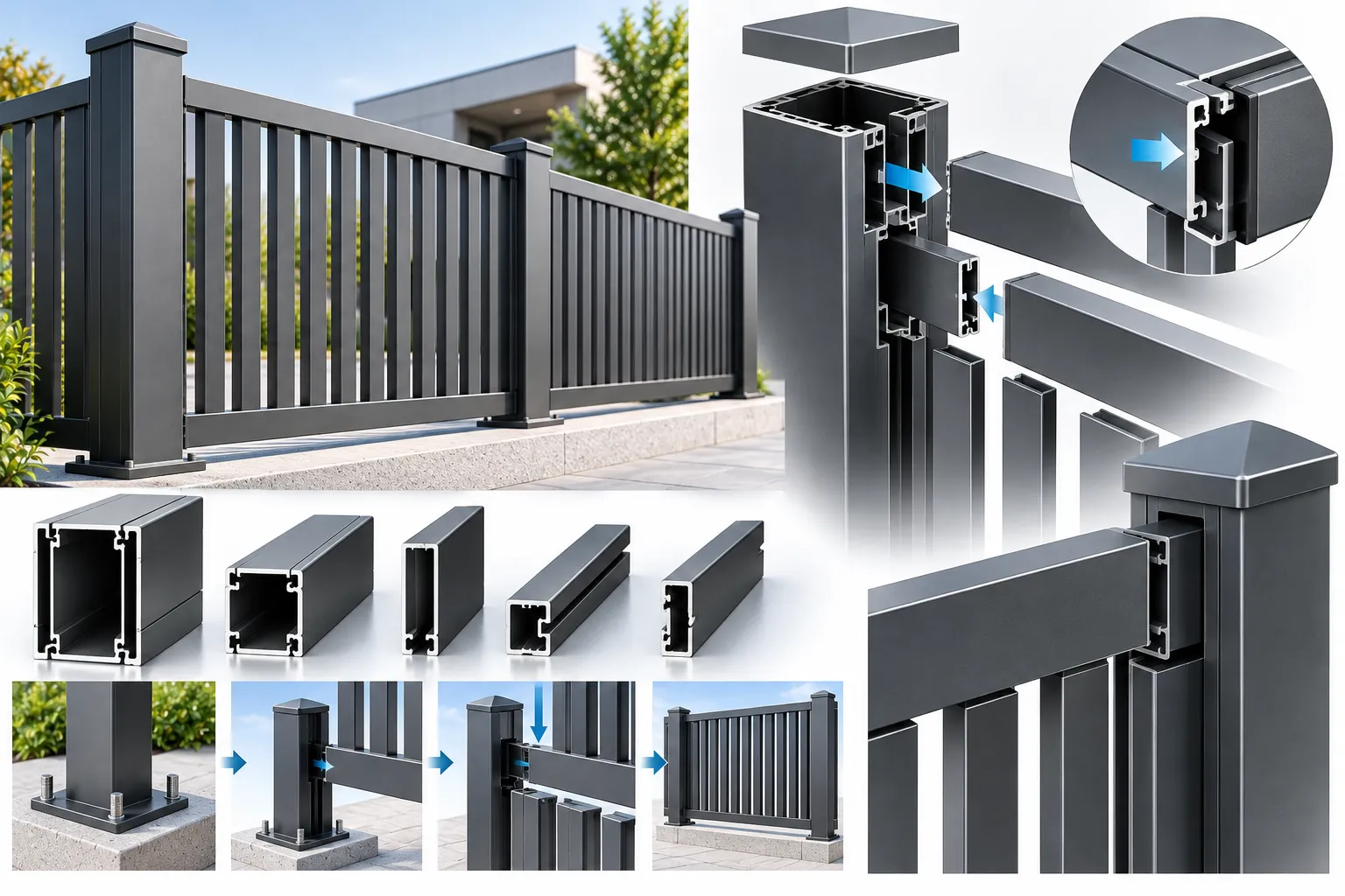 Exploded structural assembly view of modular aluminum fence panels