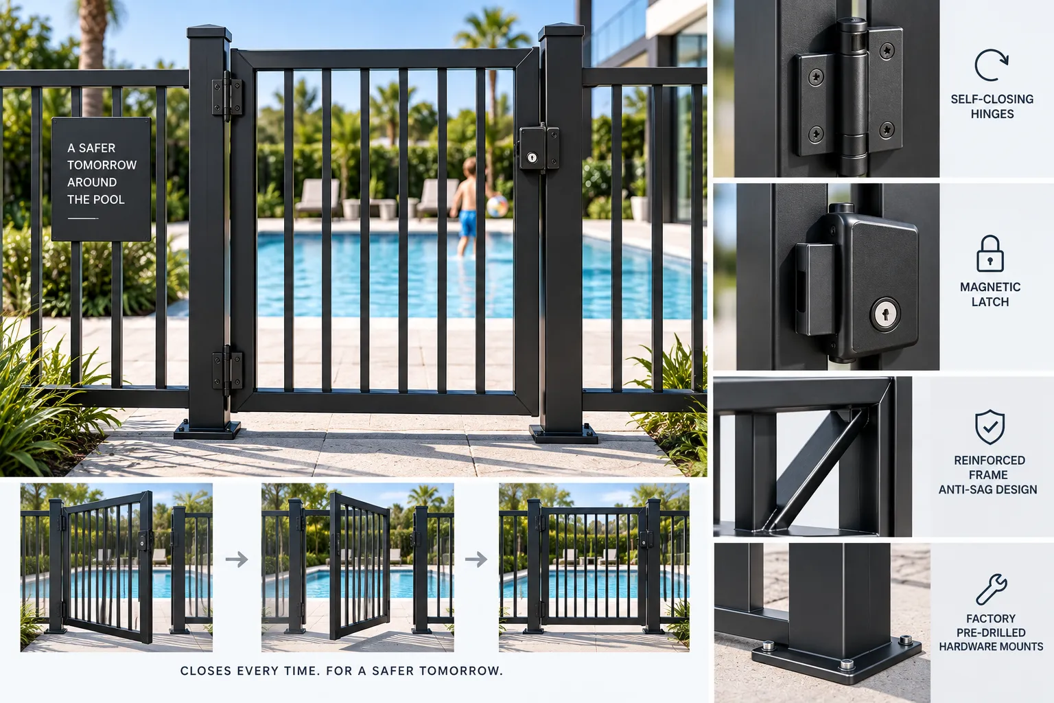 Exploded diagram of commercial-grade aluminum pool fence gate, magnetic safety latch, and self-closing hinges