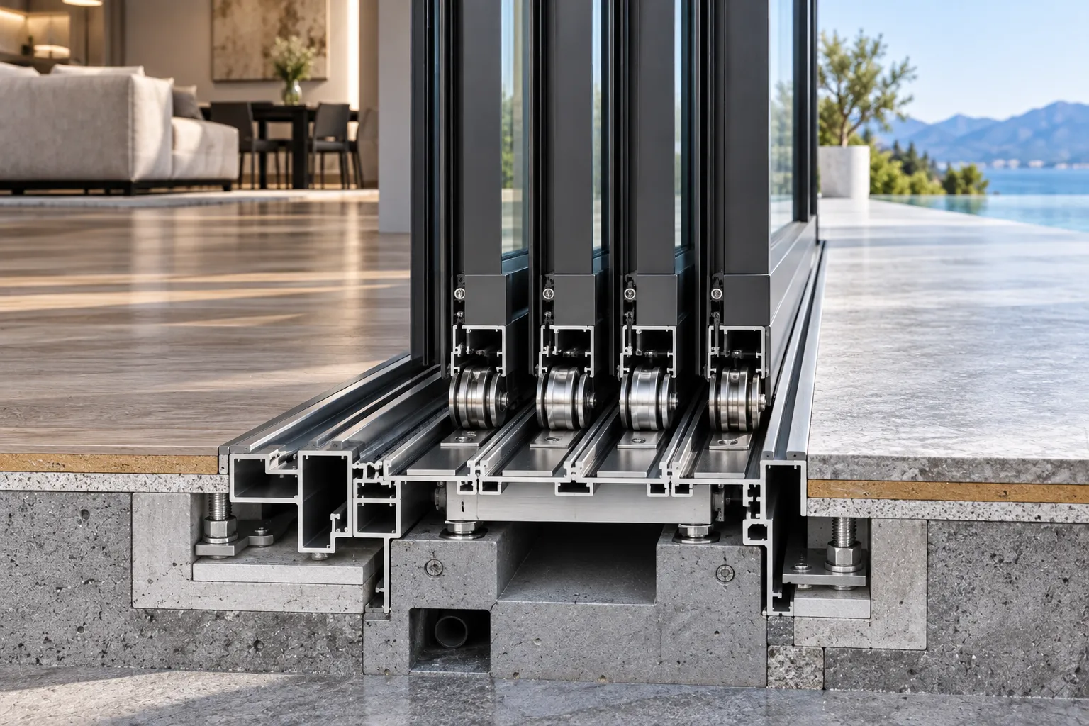 Flush sill zero threshold bi fold track schematic