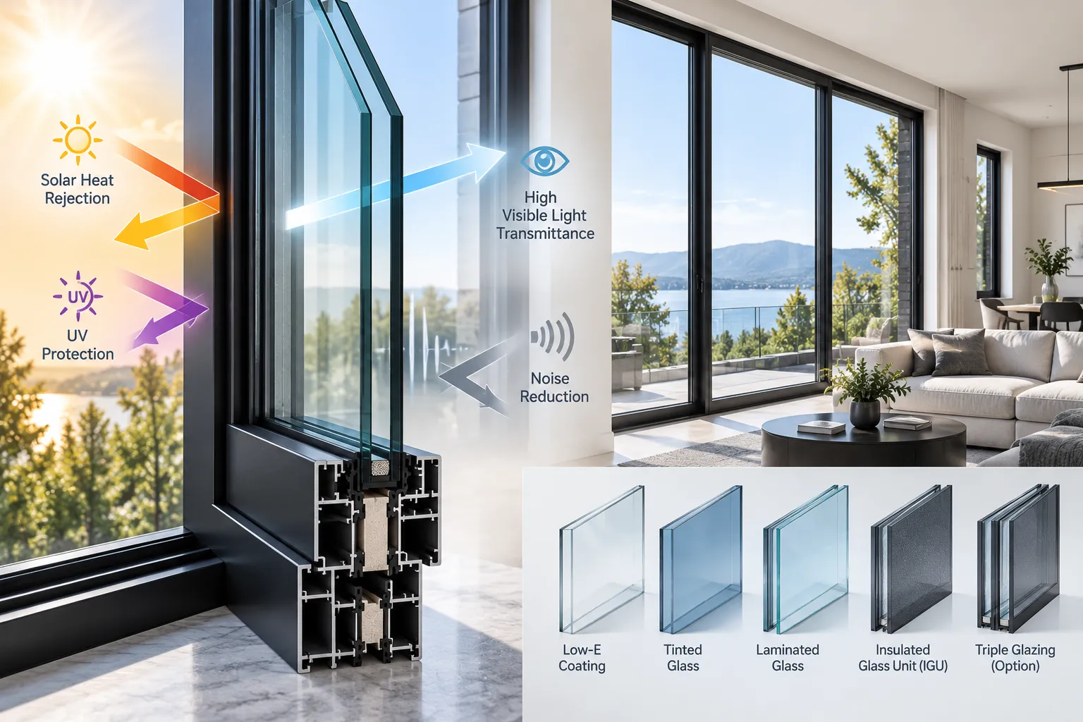 High performance Low-E double glazing and acoustic laminated glass construction
