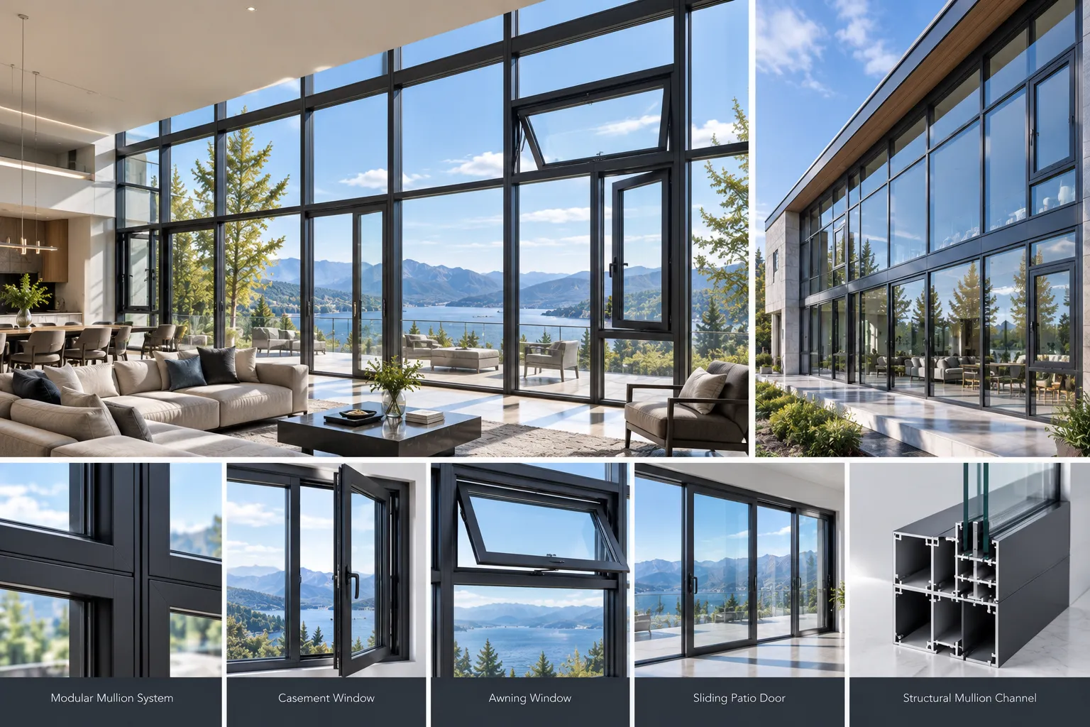 Modular composite panoramic glass wall assembly with integrated operable window units