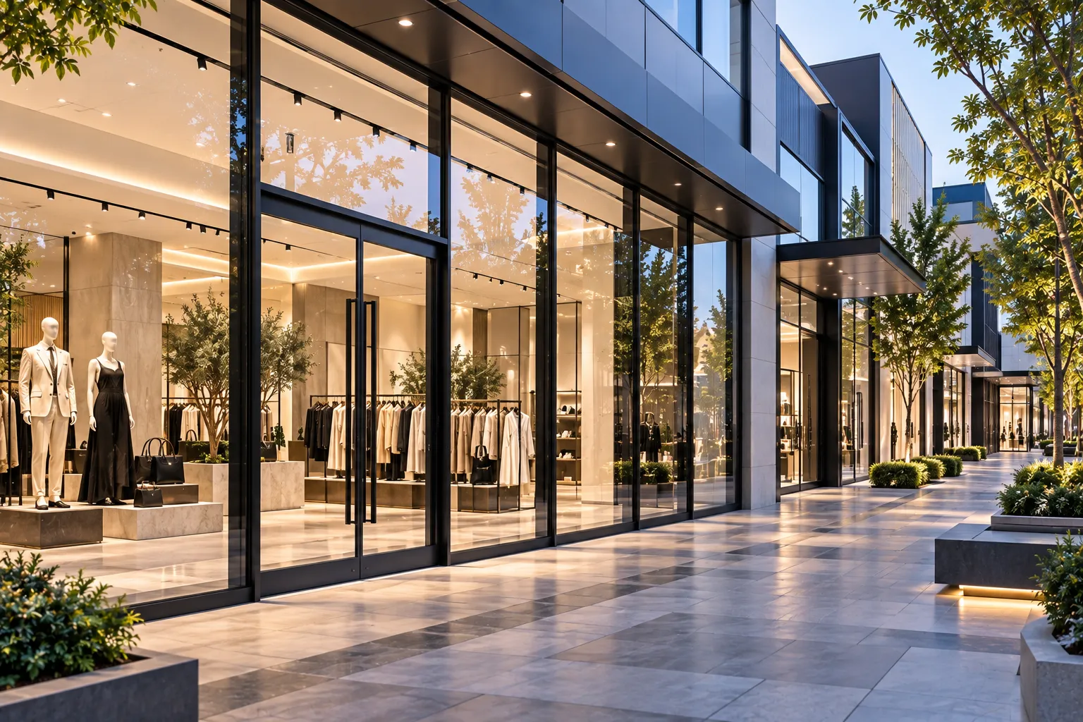 High-traffic retail storefront featuring ultra-clear display glazing and ADA-compliant automatic doors