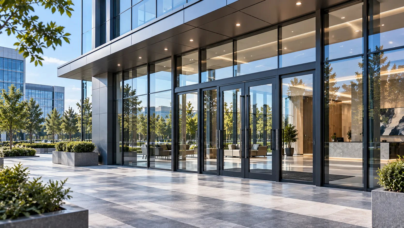 Commercial aluminum storefront curtain wall and heavy-duty entrance door system