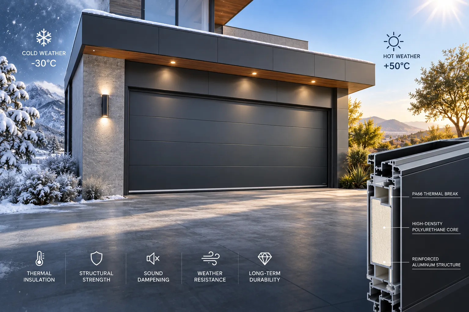Engineering detail of aluminum garage door thermal break and structural reinforcement