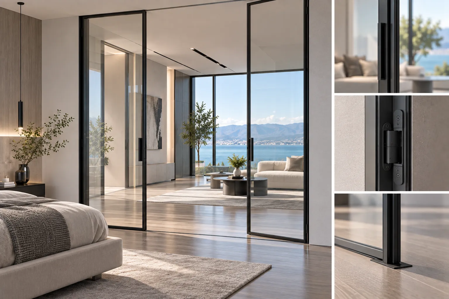 Modern slim frame aluminum interior doors in a luxury residential master bedroom suite