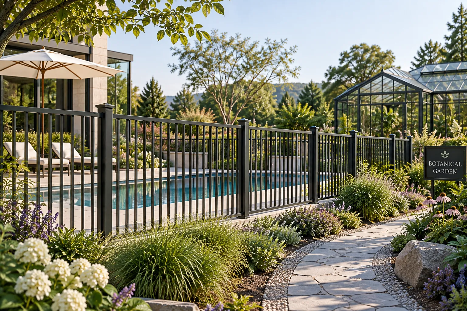 Landscape fencing protecting pool perimeter and garden boundary