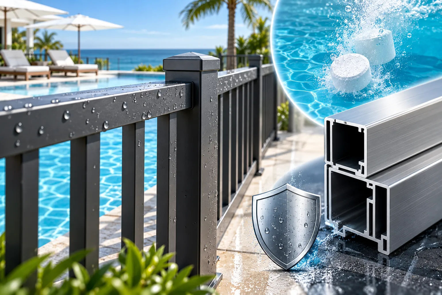 Multi-layer cross section of corrosion resistant powder coating on 6063-T6 aluminum pool fence profile